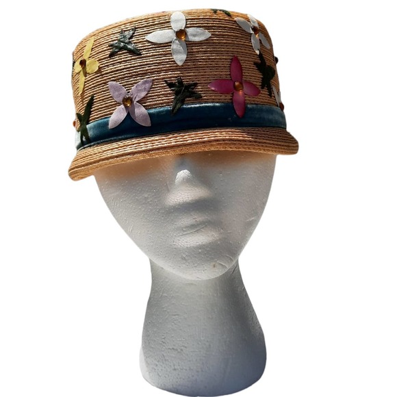 Vtg Chanda Engel-Fetzer| Straw Hat With Flower Appliques - Picture 1 of 6